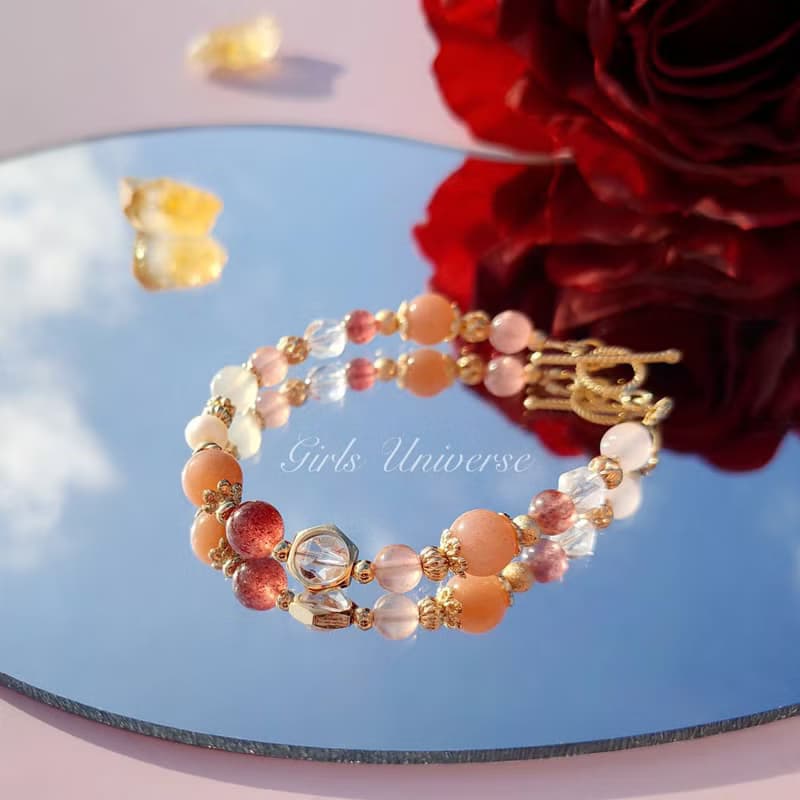 柑橘覆盆子泡泡。太陽石 草莓晶 淡水珍珠 14K包金 水晶礦石手鍊