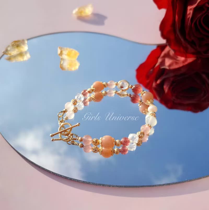 柑橘覆盆子泡泡。太陽石 草莓晶 淡水珍珠 14K包金 水晶礦石手鍊