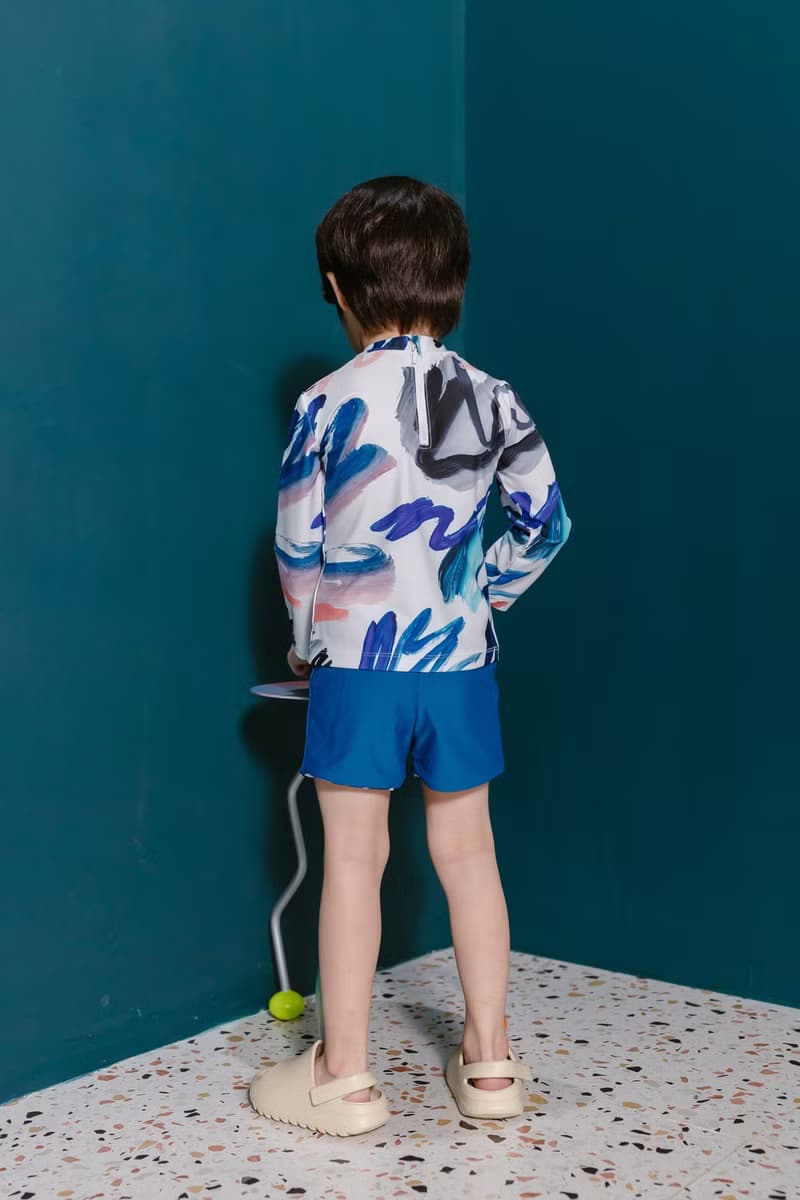 Children's long-sleeved sun protection swimsuit, Brush Painting pattern, with three-color pants that can be worn on both sides