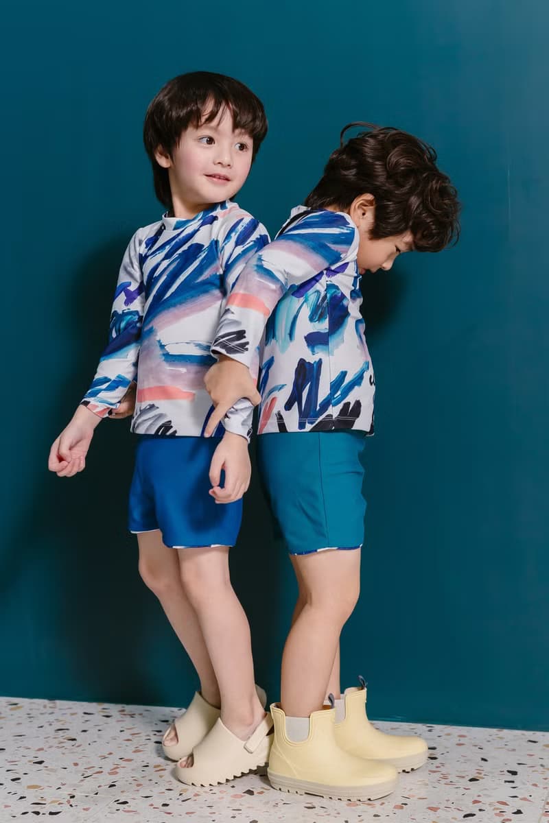 Children's long-sleeved sun protection swimsuit, Brush Painting pattern, with three-color pants that can be worn on both sides