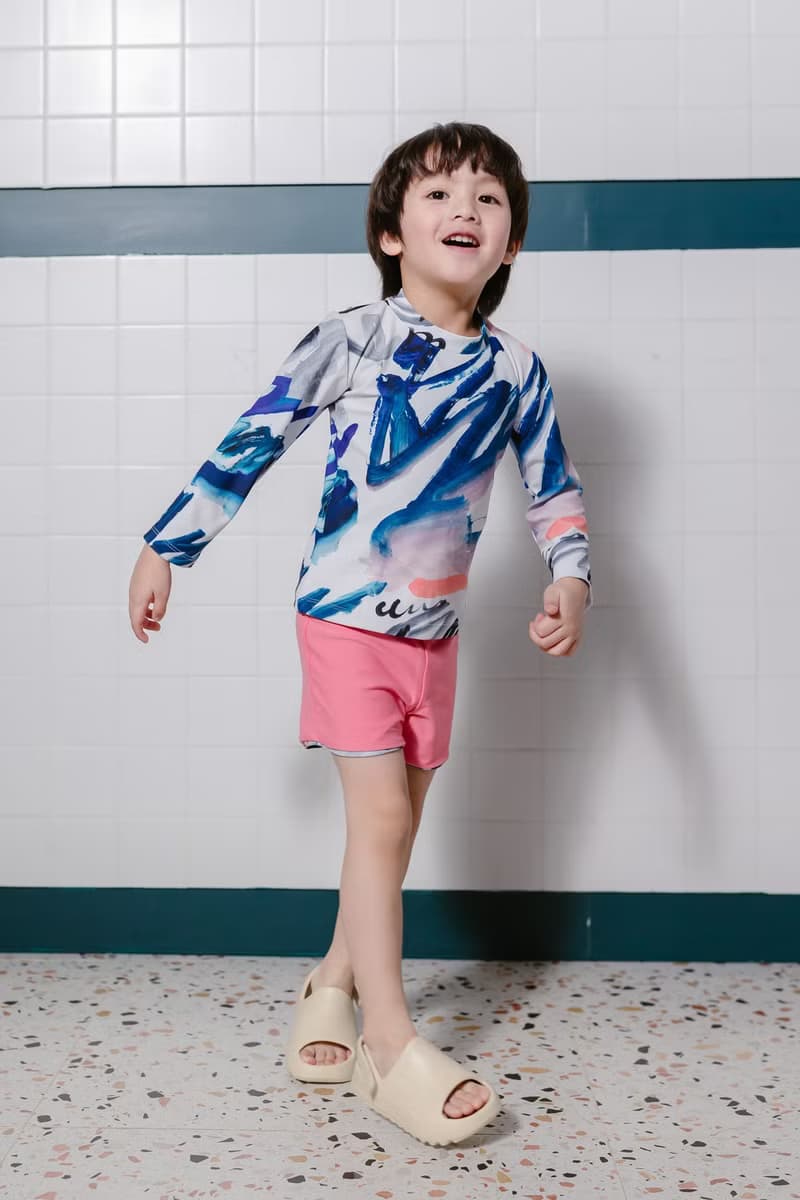 Children's long-sleeved sun protection swimsuit, Brush Painting pattern, with three-color pants that can be worn on both sides