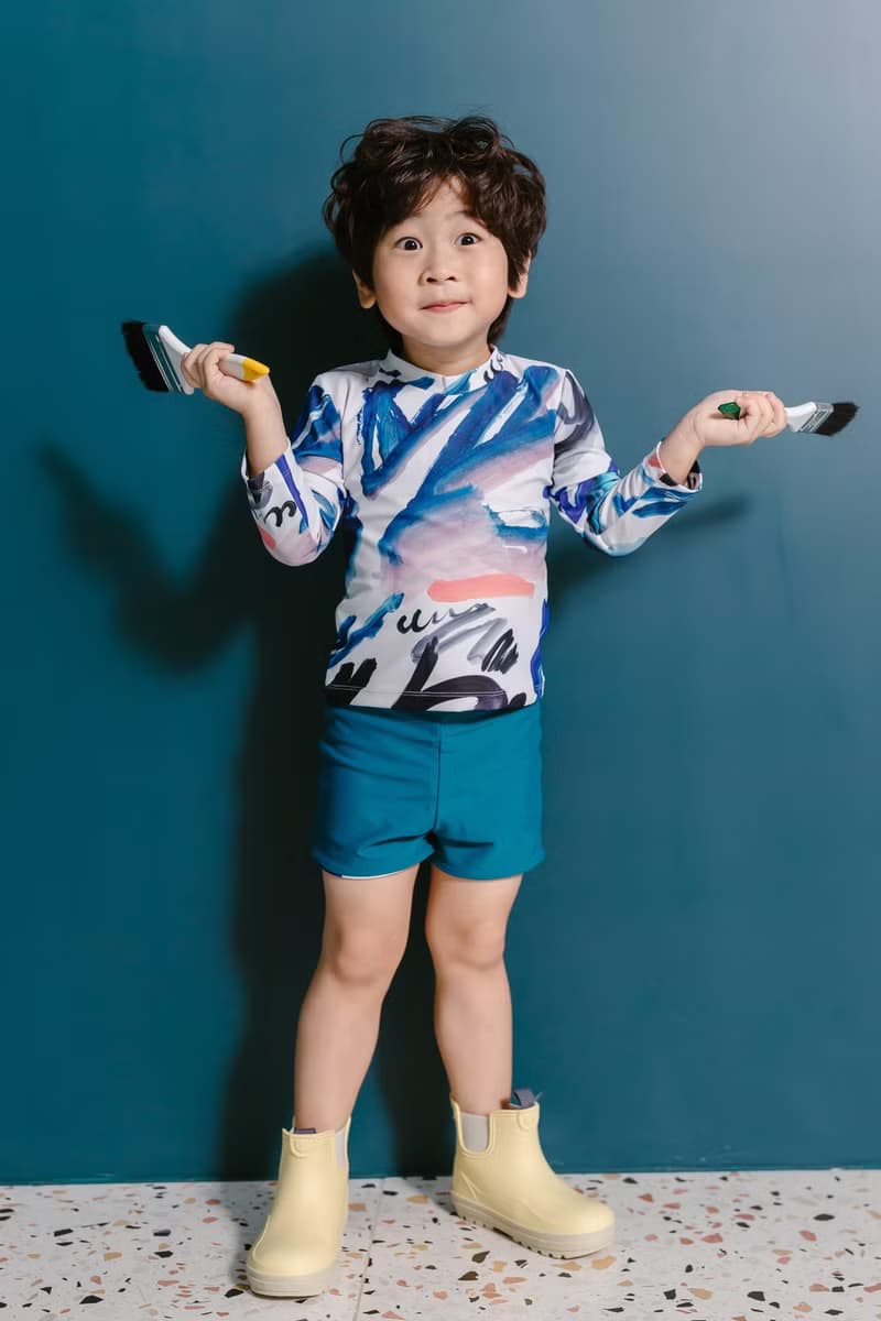 Children's long-sleeved sun protection swimsuit, Brush Painting pattern, with three-color pants that can be worn on both sides
