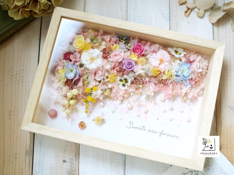 【名入れ文字入れOK結婚祝い/誕生日/サロンのお花】プリザーブドフラワーとアーティフィシャルフラワーのアートフレーム ohanabakoA4-twinkle