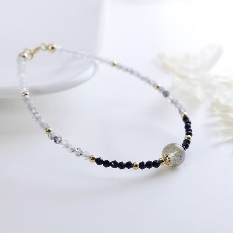 月光石 黑尖晶 黑髮晶14KGF 極細手鍊