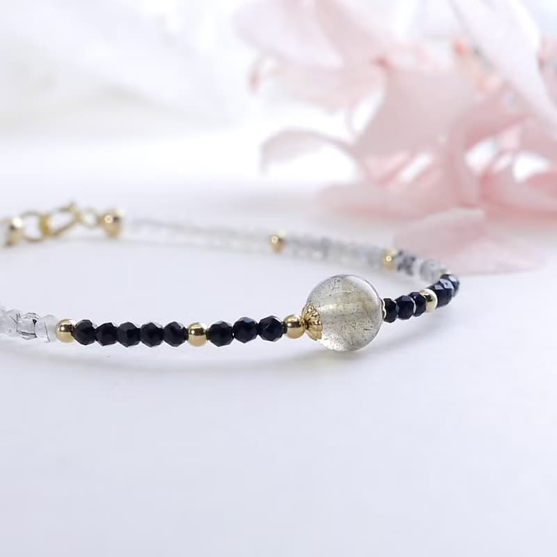 月光石 黑尖晶 黑髮晶14KGF 極細手鍊