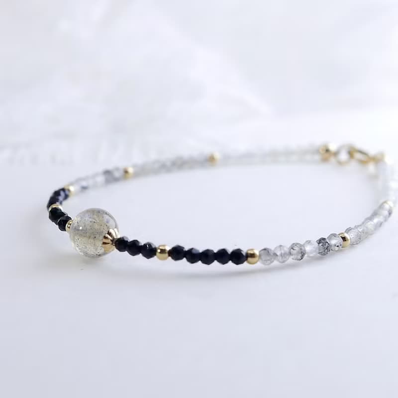 月光石 黑尖晶 黑髮晶14KGF 極細手鍊