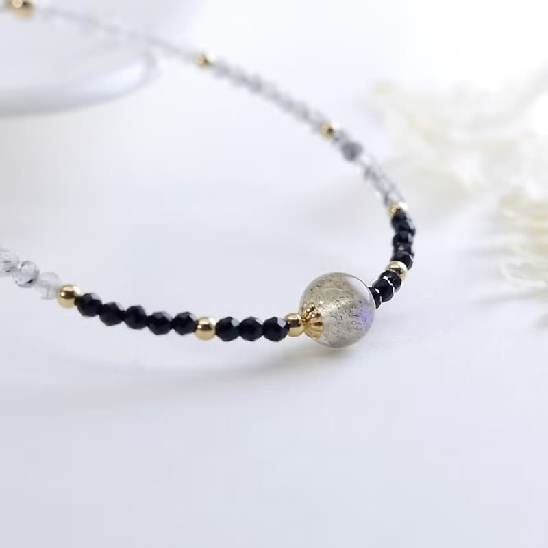 月光石 黑尖晶 黑髮晶14KGF 極細手鍊