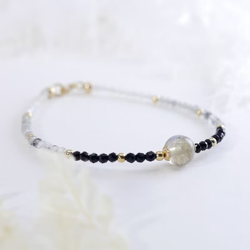 月光石 黑尖晶 黑髮晶14KGF 極細手鍊