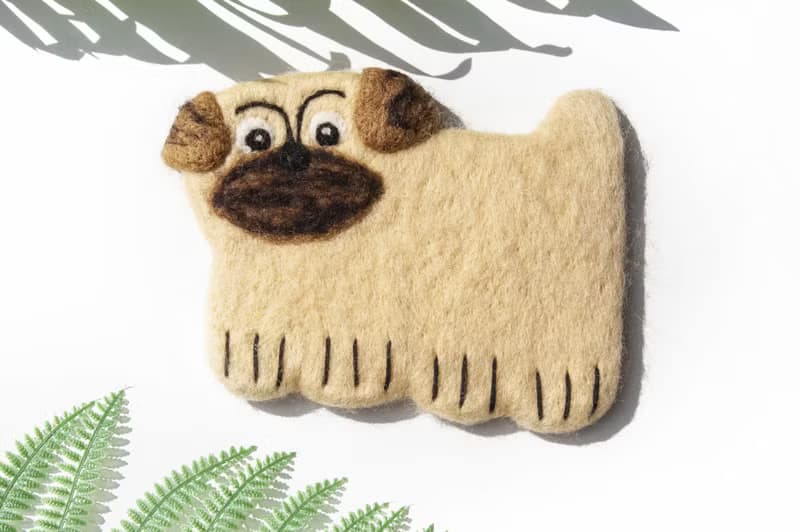 情人節禮物 森林系動物羊毛氈動物杯墊-巴哥小狗吸水杯墊 毛小孩