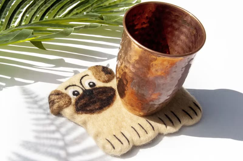 情人節禮物 森林系動物羊毛氈動物杯墊-巴哥小狗吸水杯墊 毛小孩