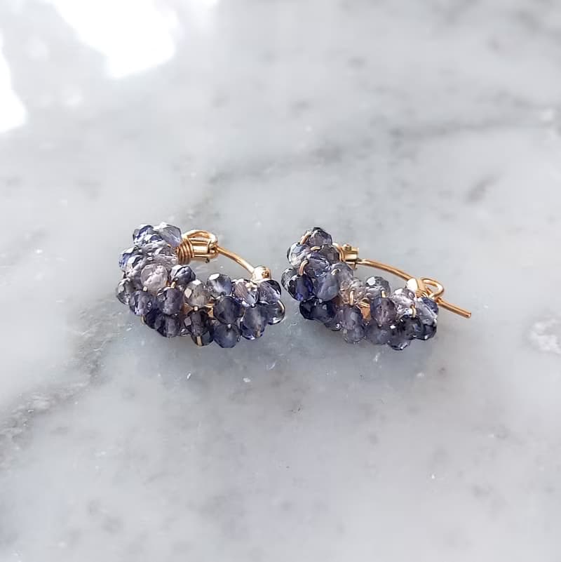 14Kgf Iolite wrapped hoop pierced earrings / clip on earrings