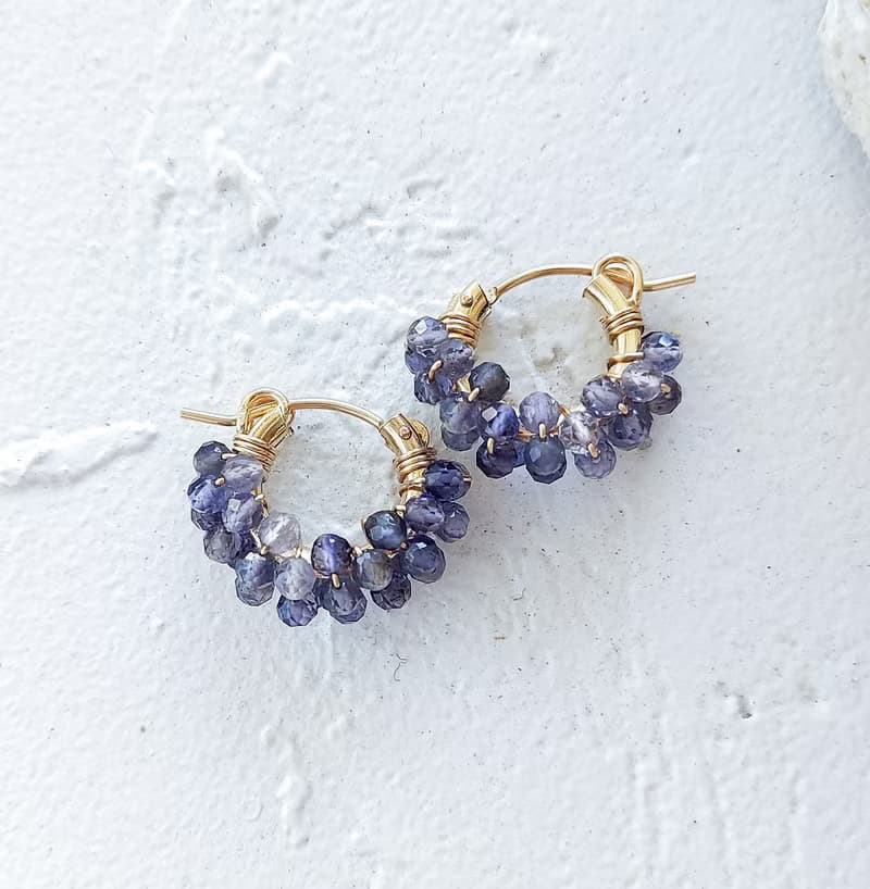 14Kgf Iolite wrapped hoop pierced earrings / clip on earrings