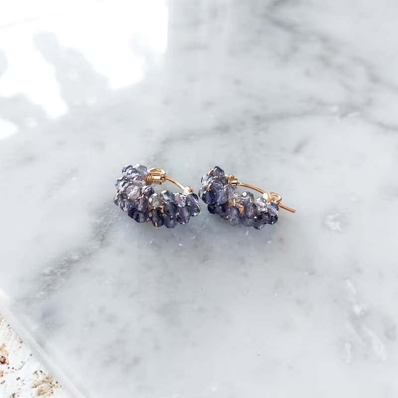 14Kgf Iolite wrapped hoop pierced earrings / clip on earrings