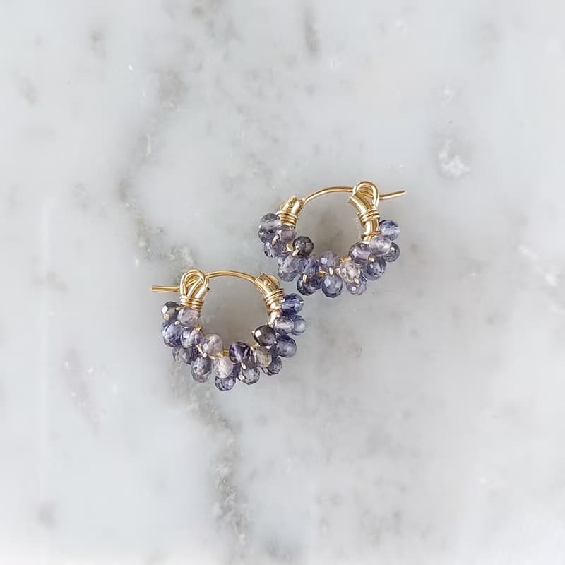 14Kgf Iolite wrapped hoop pierced earrings / clip on earrings