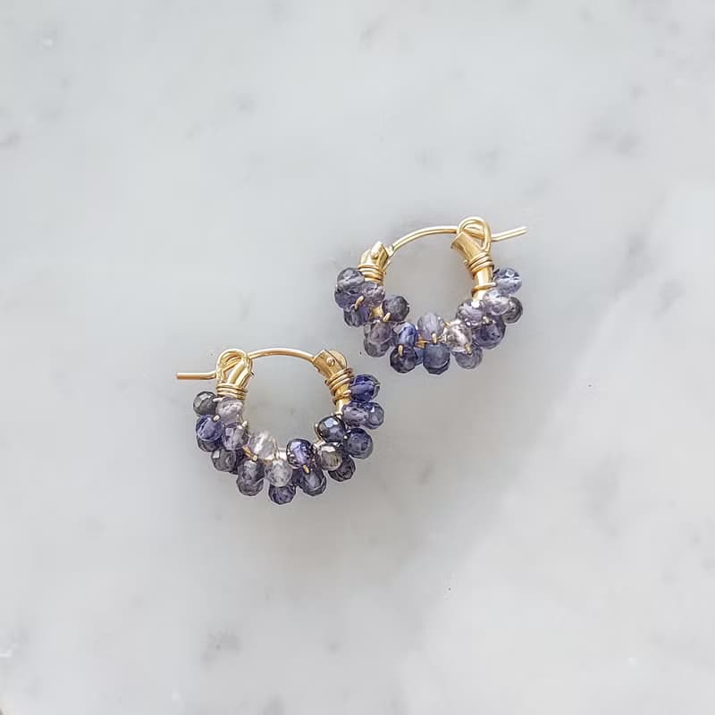 14Kgf Iolite wrapped hoop pierced earrings / clip on earrings