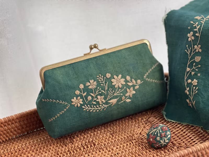 植物染手工刺繡口金包