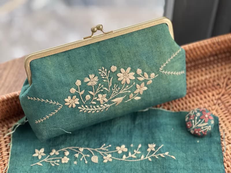 植物染手工刺繡口金包