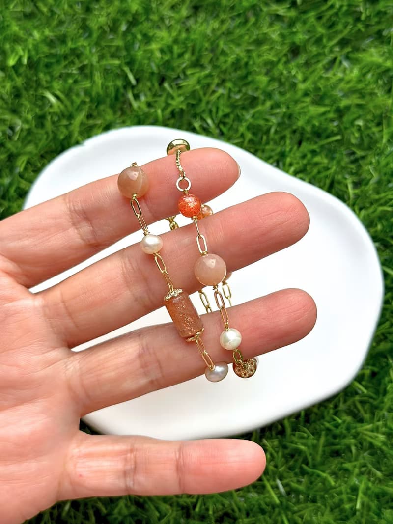 【簡約晶礦手鍊】太陽石/橙月光石/珍珠/大人小孩皆宜/靈數2