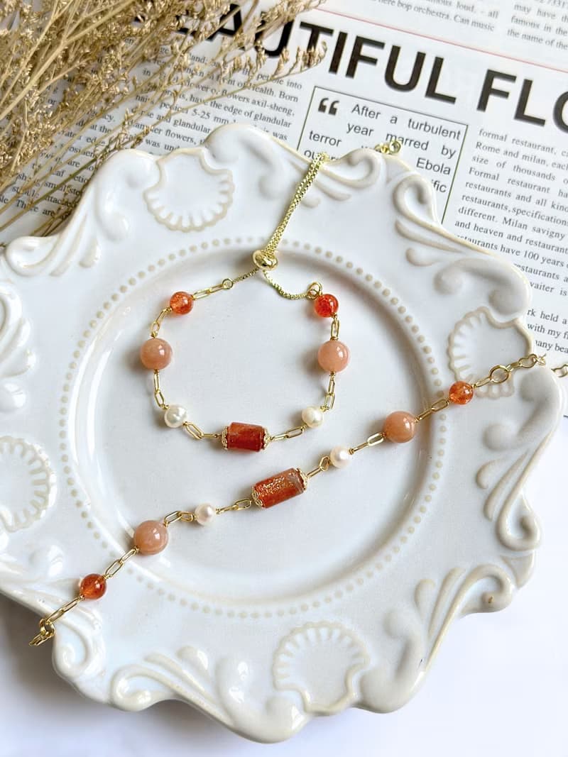 【簡約晶礦手鍊】太陽石/橙月光石/珍珠/大人小孩皆宜/靈數2