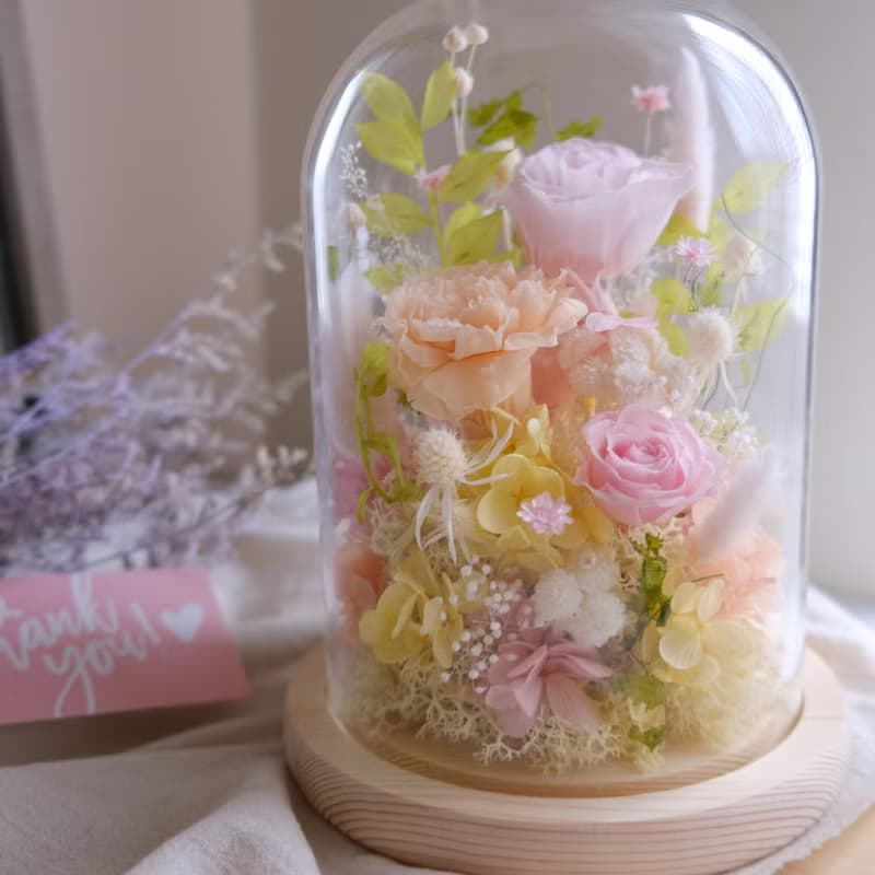 玻璃鐘罩/粉色/不凋花/永生花/乾燥花/康乃馨/母親節/禮物