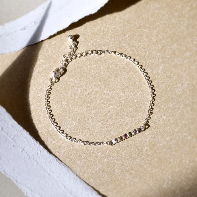 簡約天然彩色電氣石吊墜配925銀手鍊 // 碧璽 // 十月份生日石