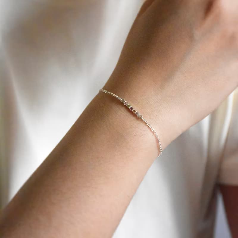 簡約天然彩色電氣石吊墜配925銀手鍊 // 碧璽 // 十月份生日石