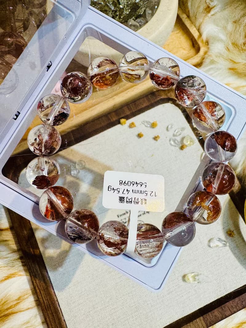 畢業級天然紅泥骸骨閃靈水晶12.5mm47.54g好運穩定情緒淨化洞察力