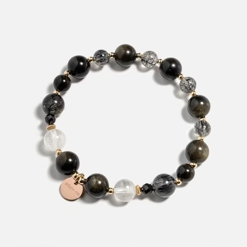 黑髮晶金沙黑曜石白幽靈14K包金手鍊 不怕小人 水晶
