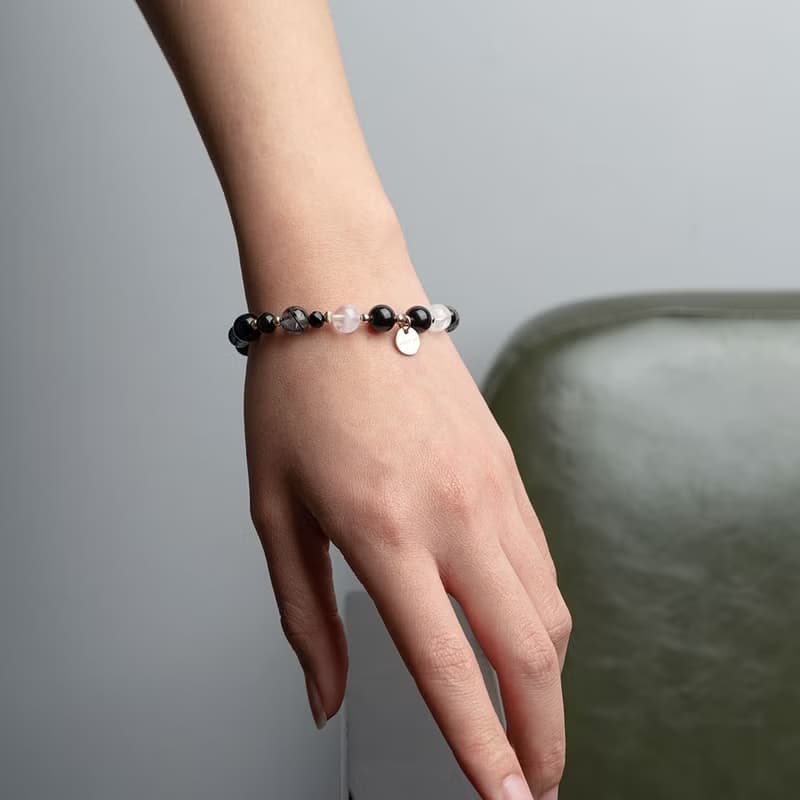 黑髮晶金沙黑曜石白幽靈14K包金手鍊 不怕小人 水晶