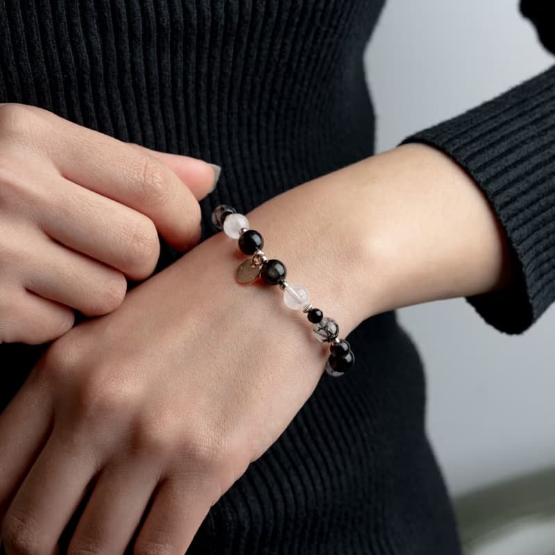 黑髮晶金沙黑曜石白幽靈14K包金手鍊 不怕小人 水晶