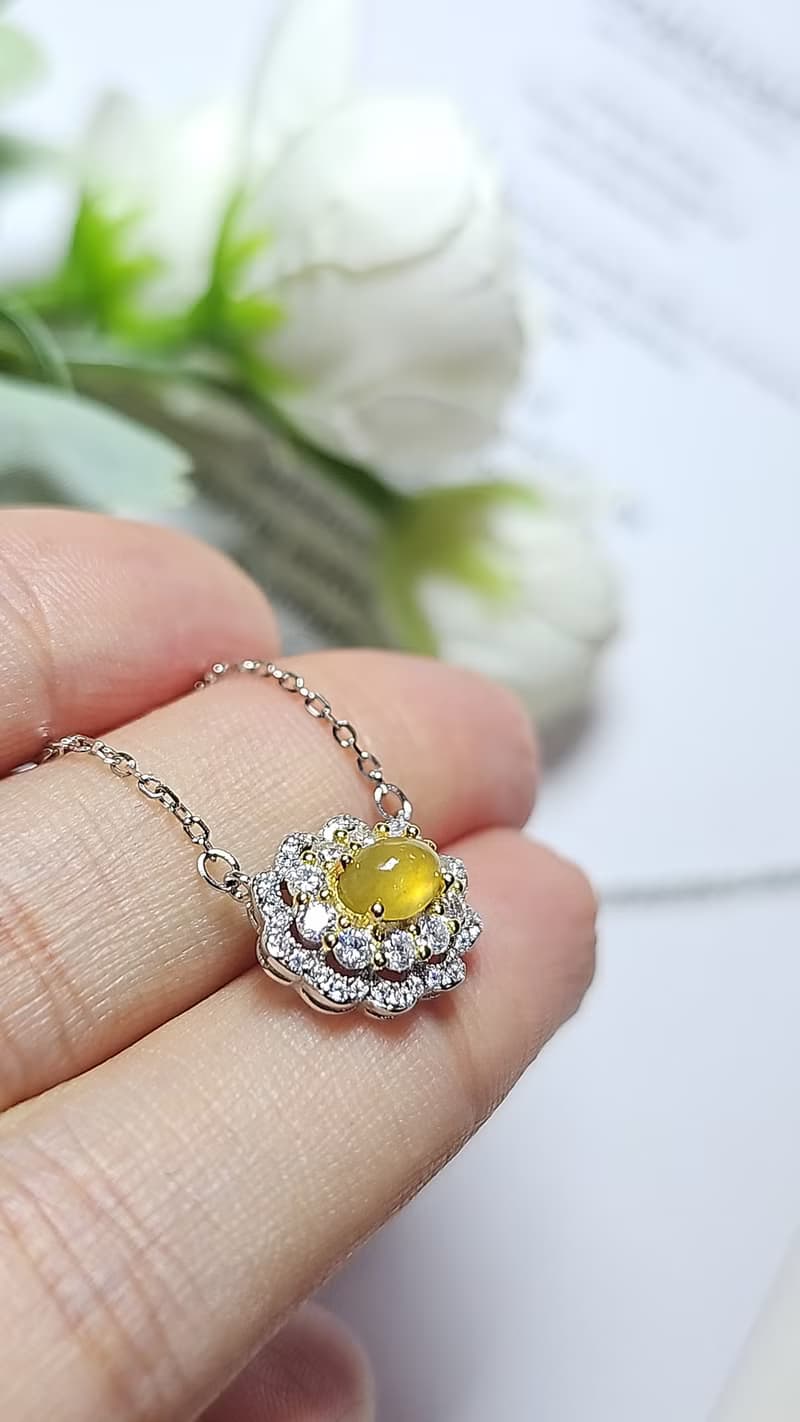 |招財蜂蜜糖|A貨翡翠冰玻無燒黃翡蛋面5.8mm純銀鍍18k項鍊