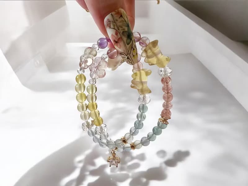 好事成雙 旅行小貓螢石水晶 海藍寶 草莓晶招人緣助溝通雙圈手鍊