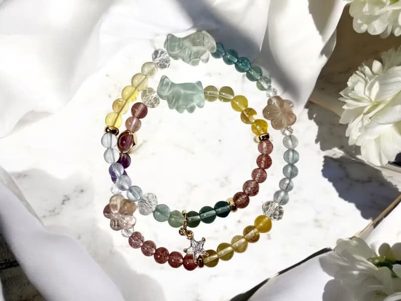 好事成雙 旅行小貓螢石水晶 海藍寶 草莓晶招人緣助溝通雙圈手鍊