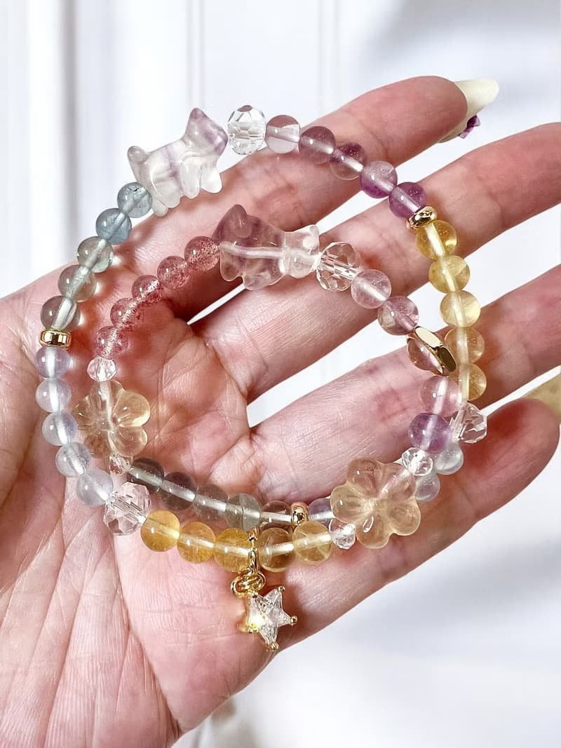 好事成雙 旅行小貓螢石水晶 海藍寶 草莓晶招人緣助溝通雙圈手鍊