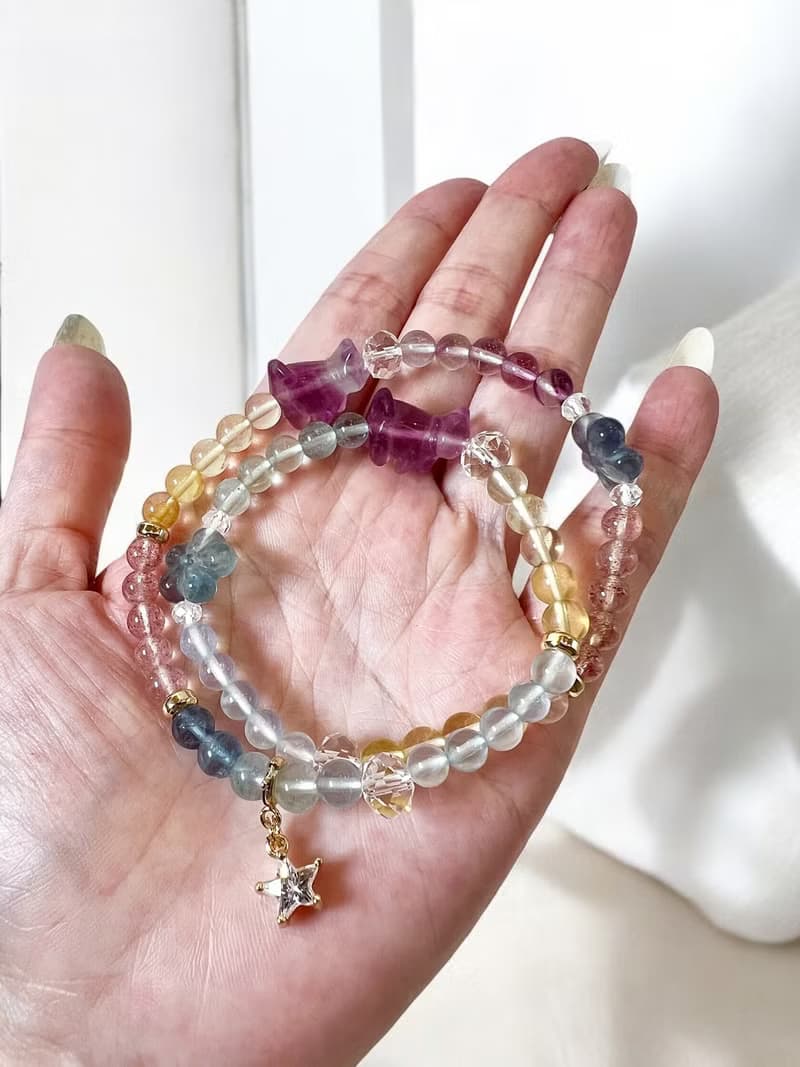 好事成雙 旅行小貓螢石水晶 海藍寶 草莓晶招人緣助溝通雙圈手鍊