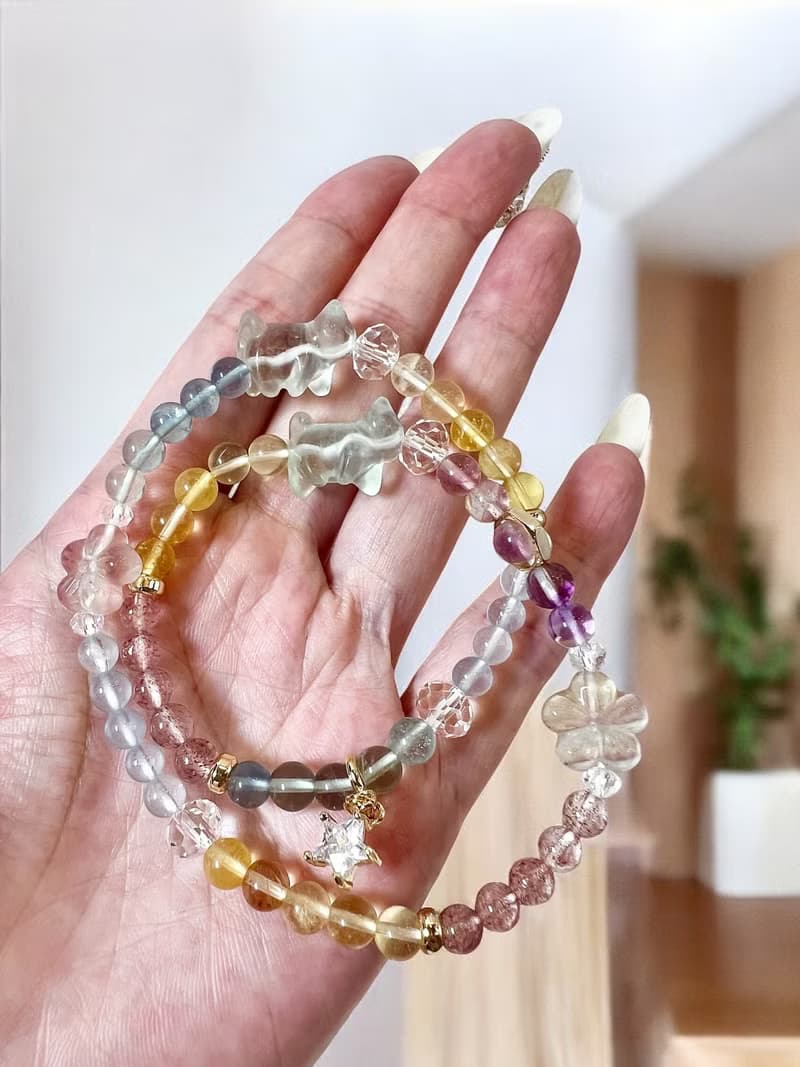 好事成雙 旅行小貓螢石水晶 海藍寶 草莓晶招人緣助溝通雙圈手鍊