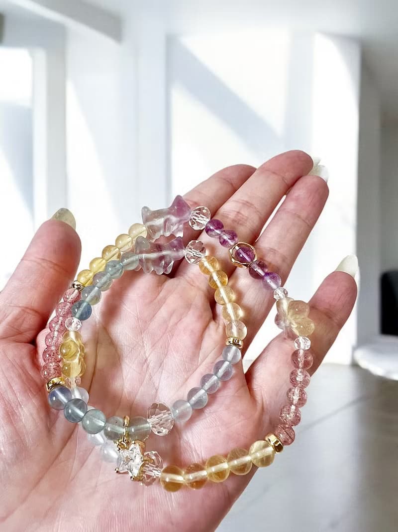 好事成雙 旅行小貓螢石水晶 海藍寶 草莓晶招人緣助溝通雙圈手鍊