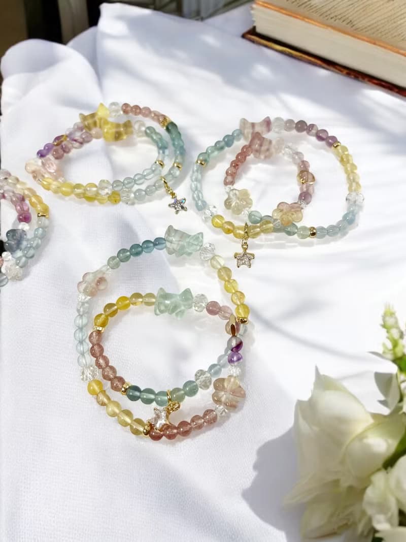 好事成雙 旅行小貓螢石水晶 海藍寶 草莓晶招人緣助溝通雙圈手鍊