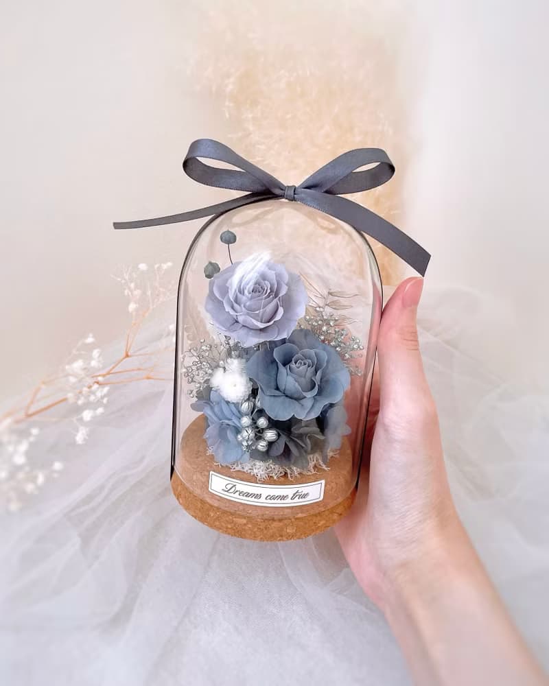 永生花玻璃盅-沈謐灰藍 l 不凋花玻璃盅 日本玫瑰 情人節禮物