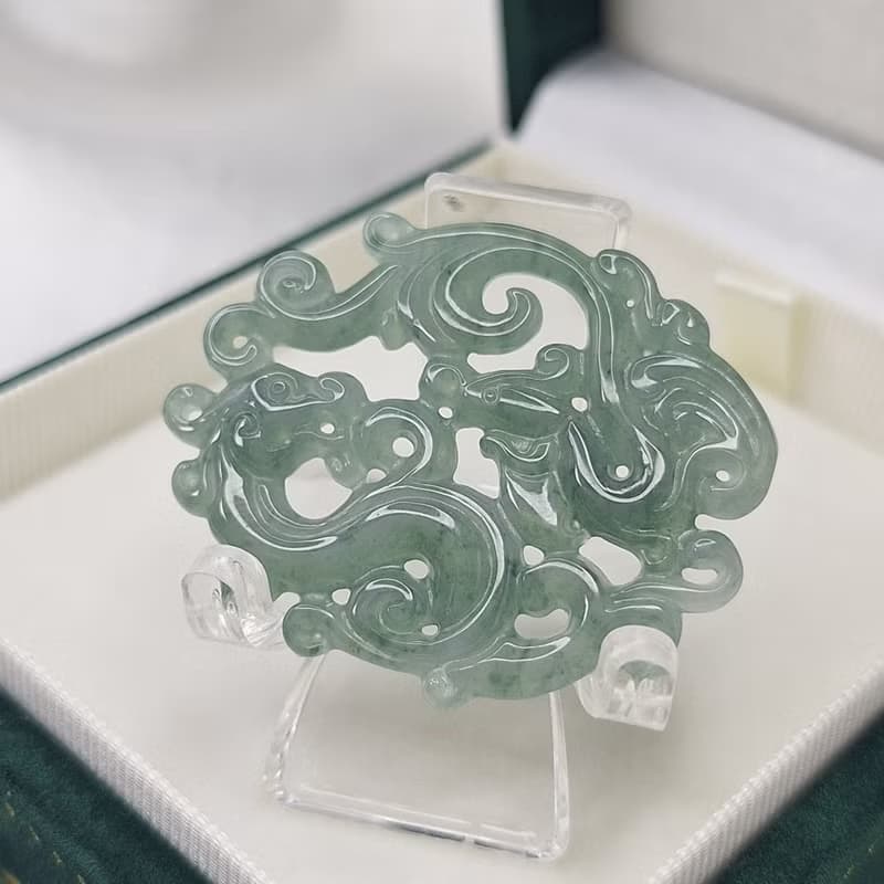危料藍水 鏤空 龍鳳牌 吊墜 牌件 | 天然A貨翡翠