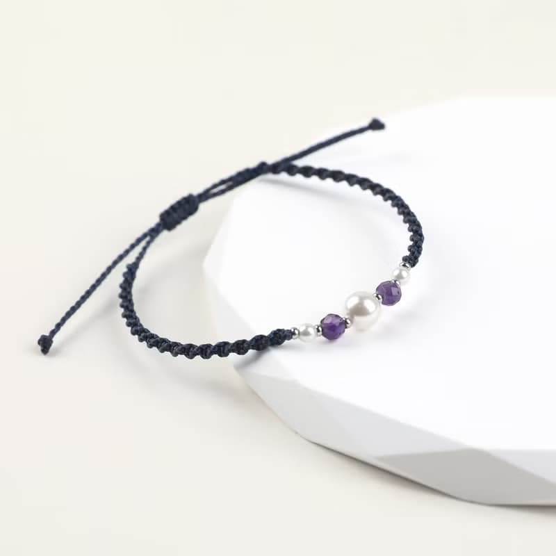 February birthstone amethyst Austrian pearl macrame knot bracelet