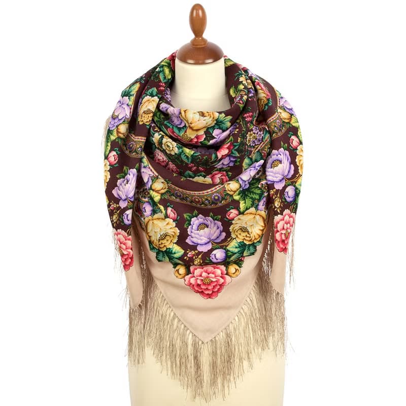 Pavlovo Posad Russian Shawl 100% Wool Scarf Wrap Silk Fringe 125x125 cm 2000-2
