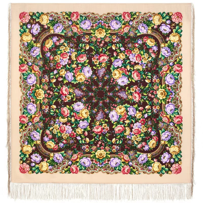 Pavlovo Posad Russian Shawl 100% Wool Scarf Wrap Silk Fringe 125x125 cm 2000-2