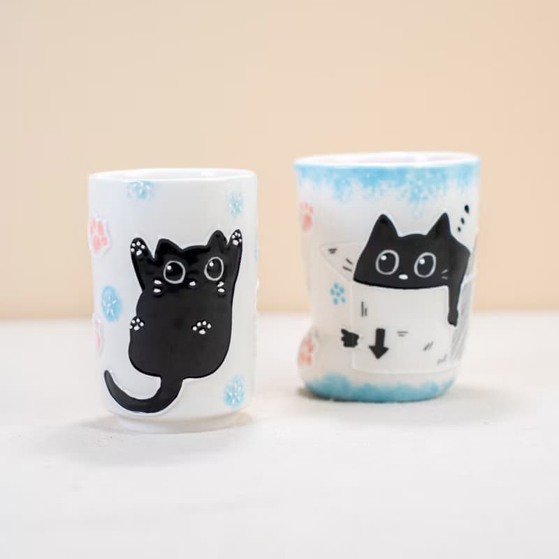 Kawaii Black Kitty Espresso Cups Ceramic Animal Coffee Mugs Cute Tiny Cat