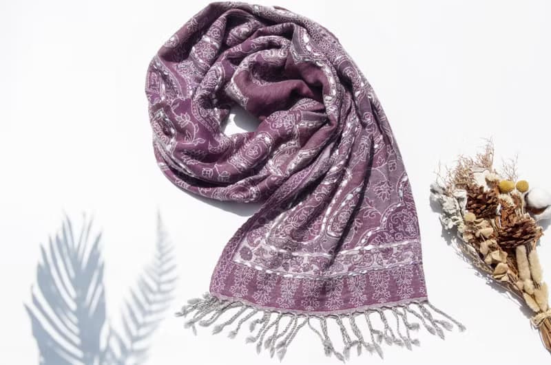 喀什米爾Cashmere/水煮羊毛披肩/針織圍巾/刺繡圍巾/羊絨披巾-花
