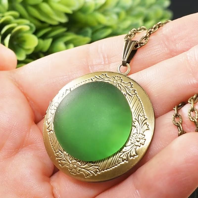Green Sea Glass Photo Locket Marine Nautical Keepsake Pendant Necklace Jewelry