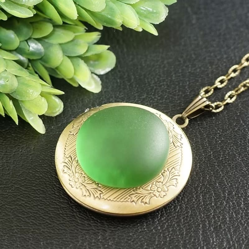 Green Sea Glass Photo Locket Marine Nautical Keepsake Pendant Necklace Jewelry