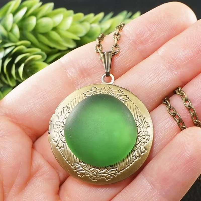 Green Sea Glass Photo Locket Marine Nautical Keepsake Pendant Necklace Jewelry
