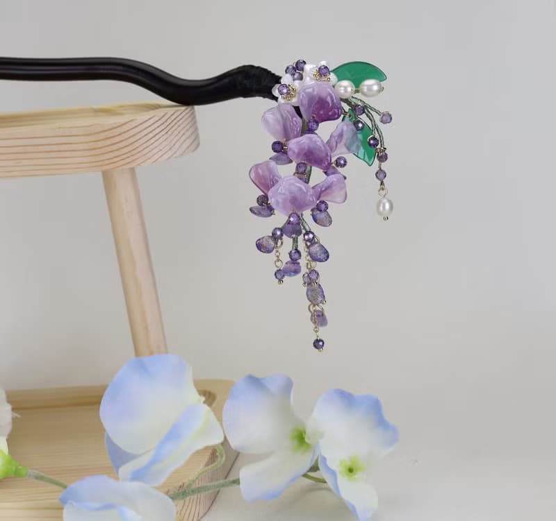 檸檬手作髮飾  紫藤花黑檀木髮簪/銅簪/髮釵/髮夾