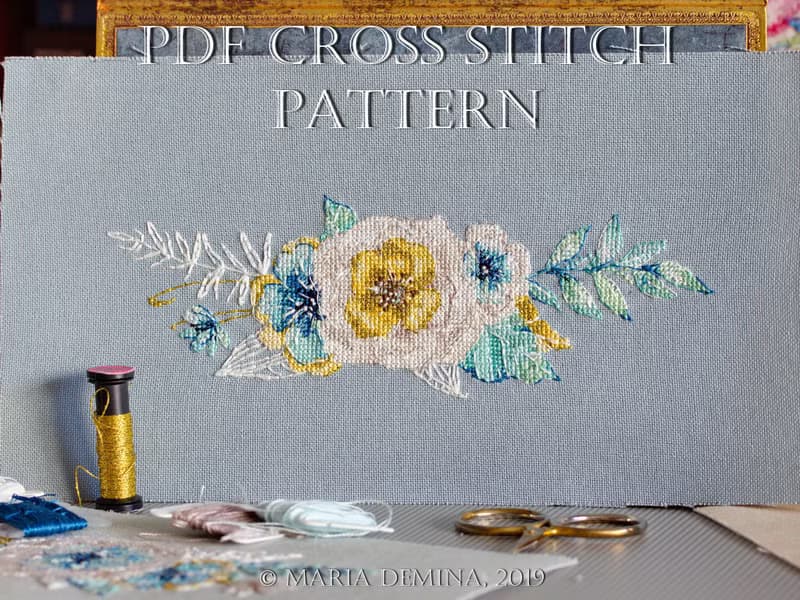 【數位】Watercolor Mint&Gold Bouquet III PDF cross stitch pattern